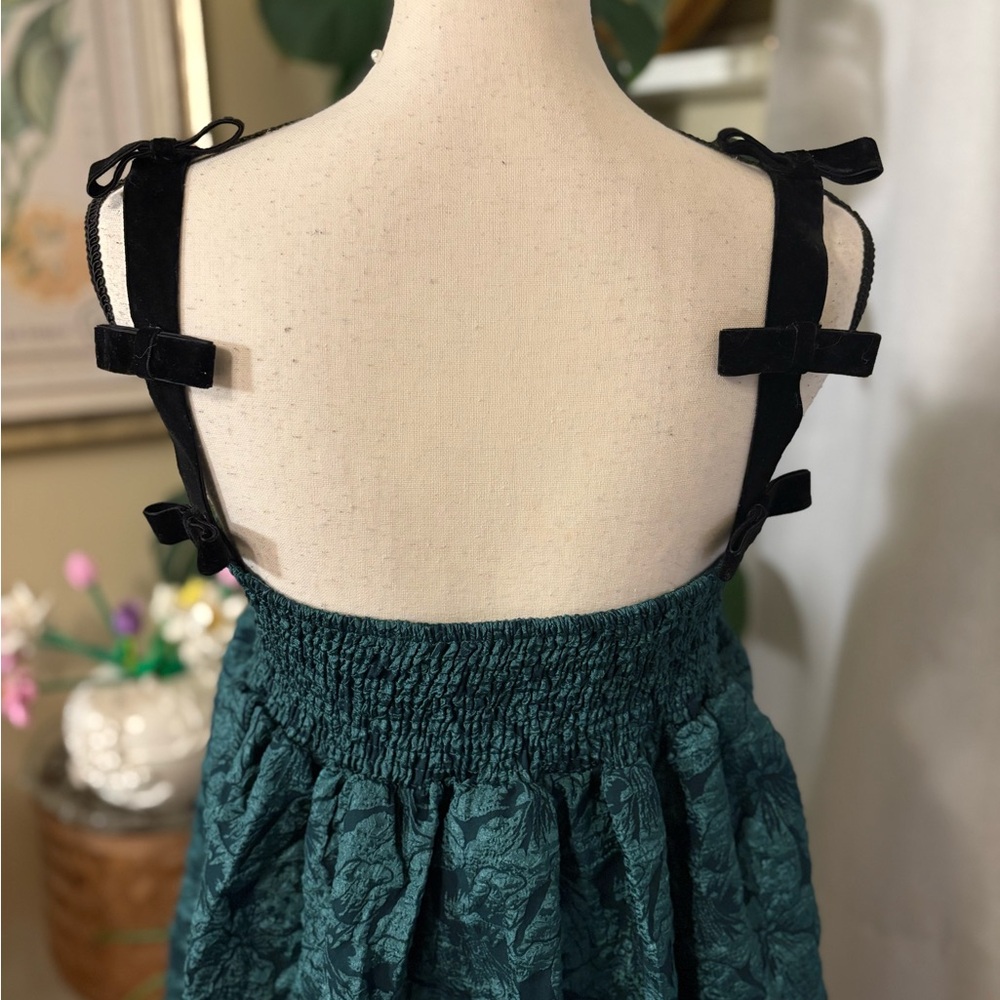 Emerald Green Mini Dress with Black Bow Velvet Straps - Picture 7 of 10